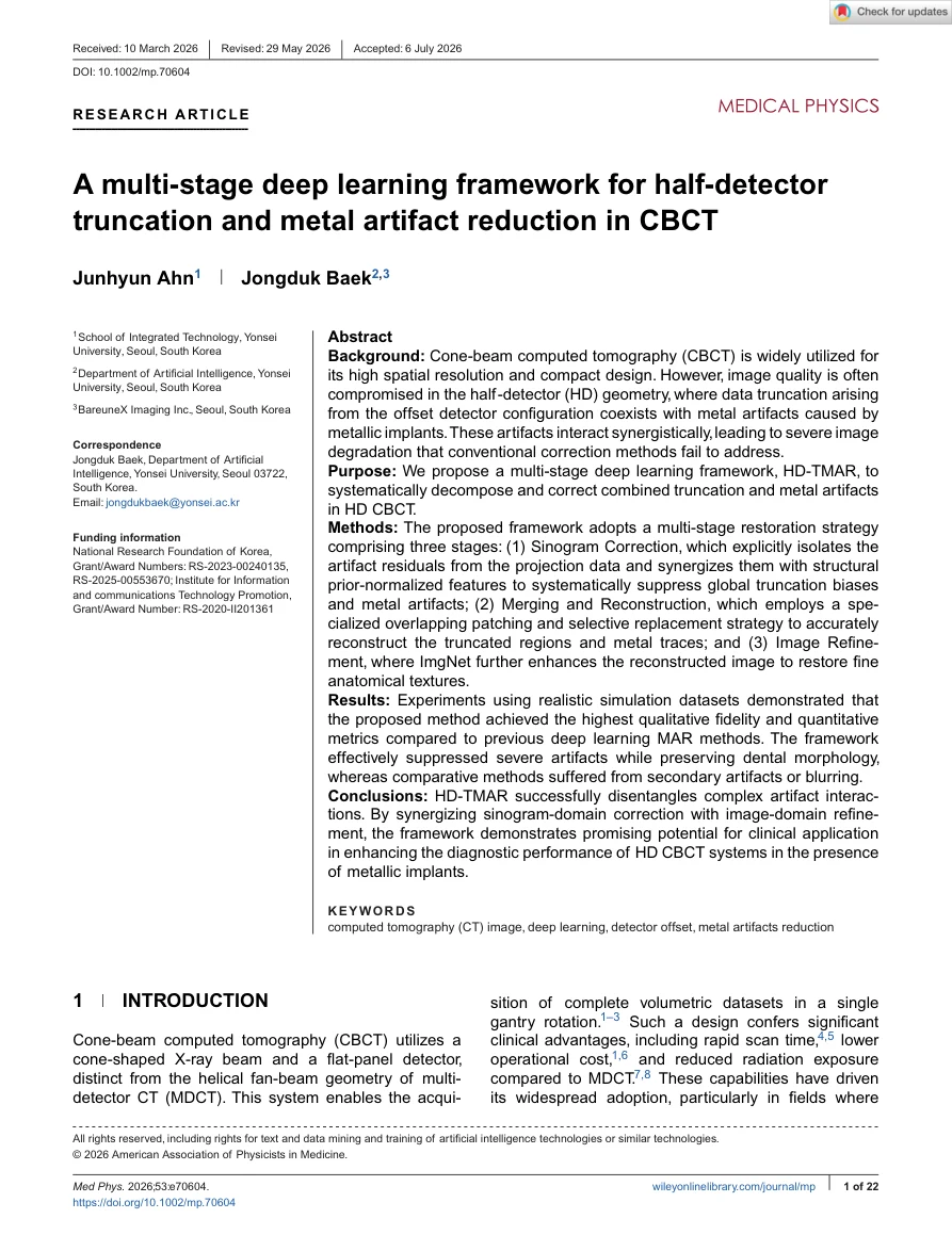 A multi-stage deep learning framework for half-detector truncation and metal artifact reduction in CBCT - page 1