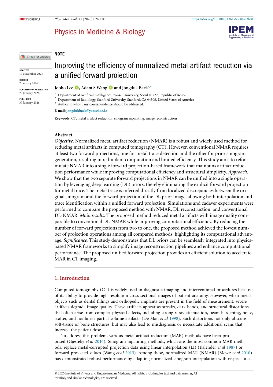 Improving the efficiency of normalized metal artifact reduction via a unified forward projection - page 1